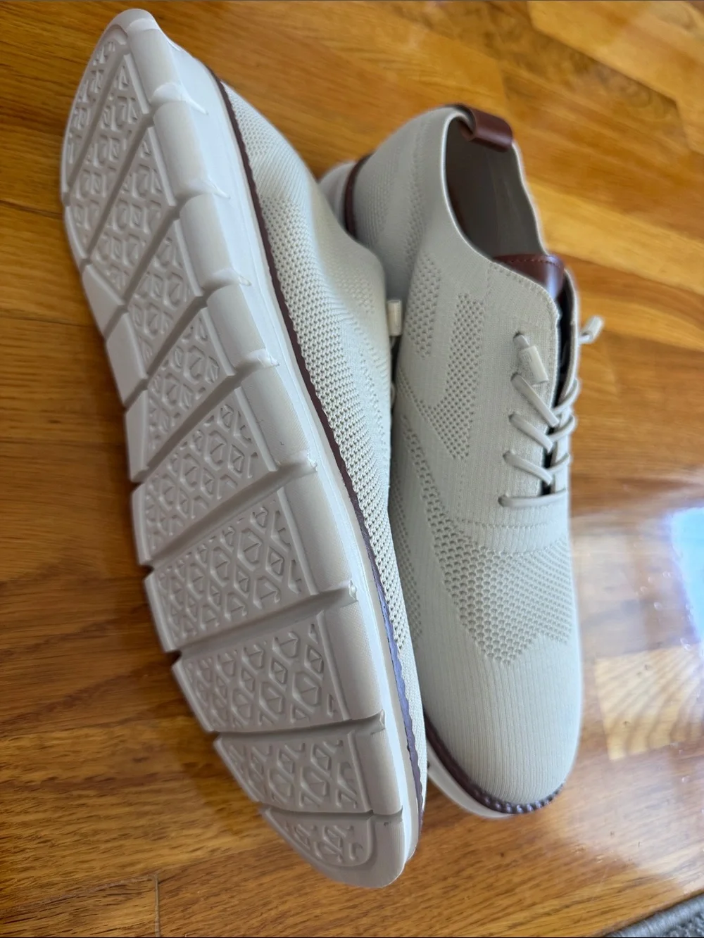 Men's Knit Lightweight Lace-Up Sneakers in Cream with Brown Trim